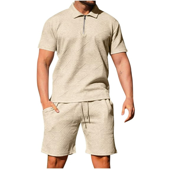CHUMUD 2 Piece Sets for Men Summer Outfits Sweat Suits Set Tracksuit Short Sleeve Casual Jacquard Sweatshirt & Loose Shorts