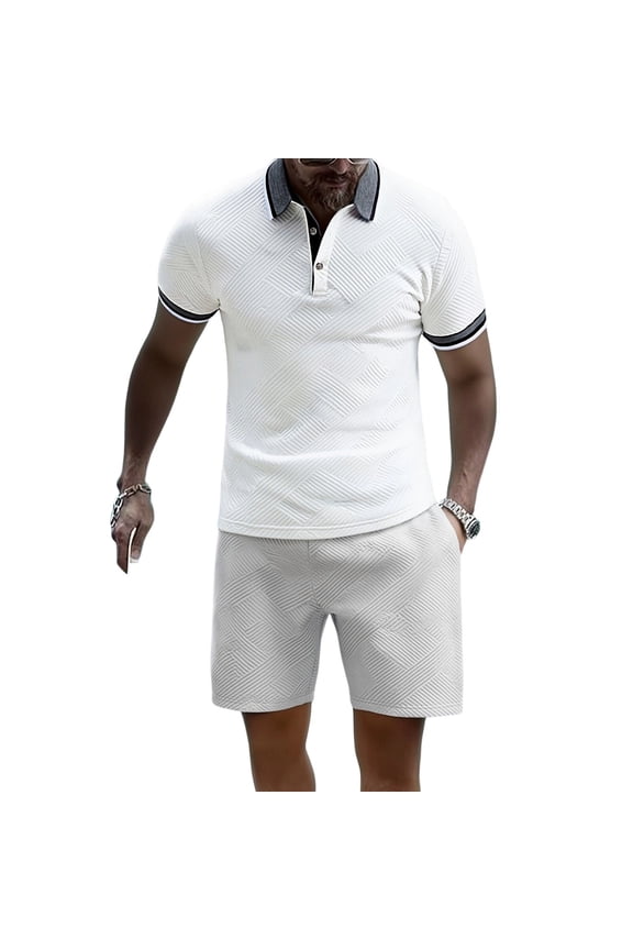 2 Piece Sets for Men Summer Outfits Textured Classy Business Golf Shirt and Shorts Set Stretch Half Button Color Block Short Sleeve Suit