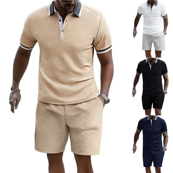 CHUMUD 2 Piece Sets for Men Summer Outfits Textured Classy Business Golf Shirt and Shorts Set Stretch Half Button Color Block Short Sleeve Suit