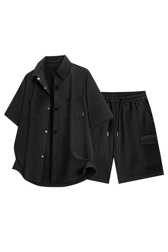 2 Piece Sets for Men Summer Outfits Textured Classy Button Down Short Sleeve Shirts and Drawstring Cargo Shorts Loose Fit