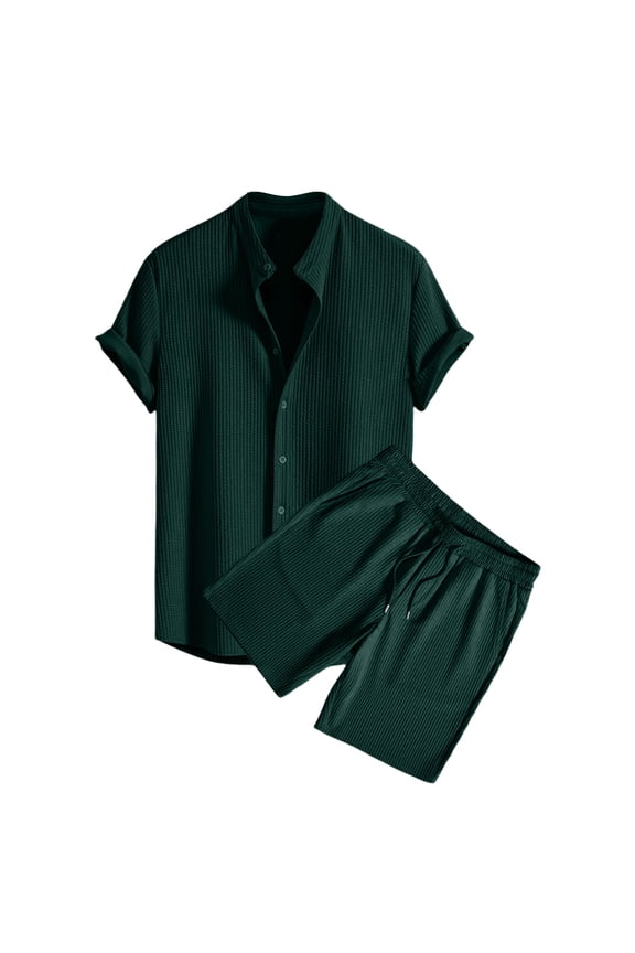 2 Piece Sets for Men Summer Outfits Textured Classy Button Down Short Sleeve Shirts and Drawstring Shorts Casual Clothing