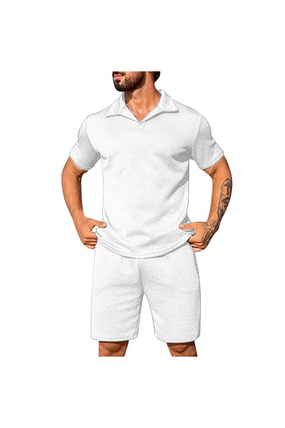 2 Piece Sets for Men Summer Outfits Textured Classy Casual Golf Shirt and Shorts Set Stretch Short Sleeve Collared Suit