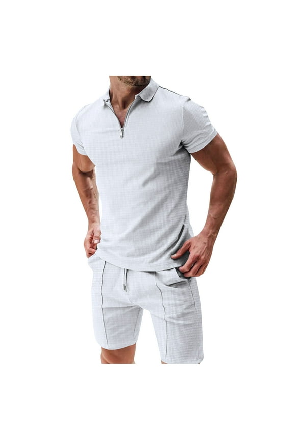 2 Piece Sets for Men Summer Outfits Textured Classy Casual Quarter Zipper Golf Shirt and Shorts Set Stretch Short Sleeve Walking Suit