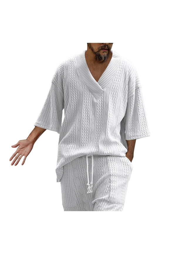 2 Piece Sets for Men Summer Outfits Textured Classy V Neck 3/4 Sleeve Shirts and Drawstring Shorts with Pockets Casual Vacation Clothing