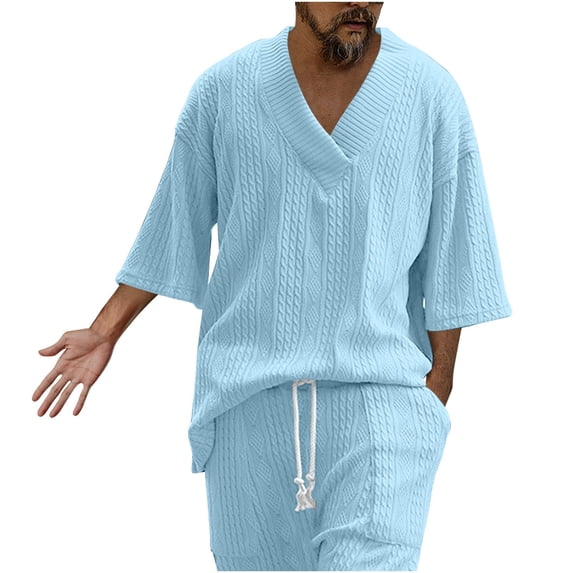 CHUMUD 2 Piece Sets for Men Summer Outfits Textured Classy V Neck 3/4 Sleeve Shirts and Drawstring Shorts with Pockets Casual Vacation Clothing