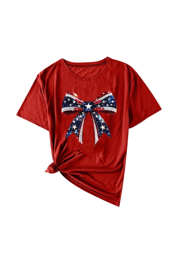 4th of July Shirts for Women American Flag Bow Graphic Tee USA Red White Blue Top Patriotic Crew Neck T Shirt