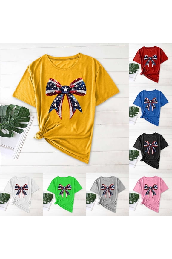 4th of July Shirts for Women American Flag Bow Graphic Tee USA Red White Blue Top Patriotic Crew Neck T Shirt