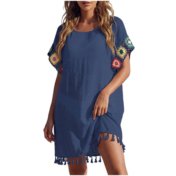 CHUMUD Beach Cover Ups for Women Bohemia Off Shoulder Swim Cover-Up Dress with Asymmetric Hem, Loose Fit Round Neck Short Sleeve Tunic Vacation