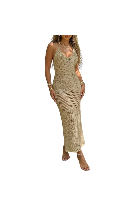 Beach Cover Ups for Women Boho Crochet Knit Halter Neck Maxi Swim Cover-Up Dress, Casual Tunic Vacation