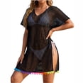 thumbnail image 1 of CHUMUD Beach Cover Ups for Women Mesh Swim Cover-Up Dress with Rainbow Tassel Hem V-Neck Short Sleeve Tunic Vacation, 1 of 6