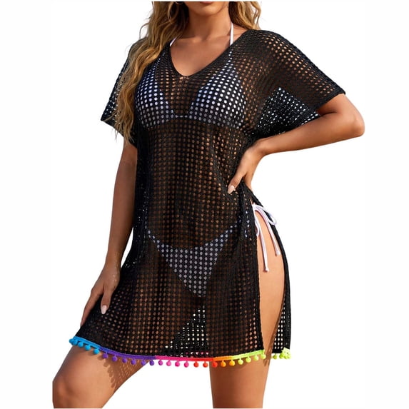 CHUMUD Beach Cover Ups for Women Mesh Swim Cover-Up Dress with Rainbow Tassel Hem V-Neck Short Sleeve Tunic Vacation