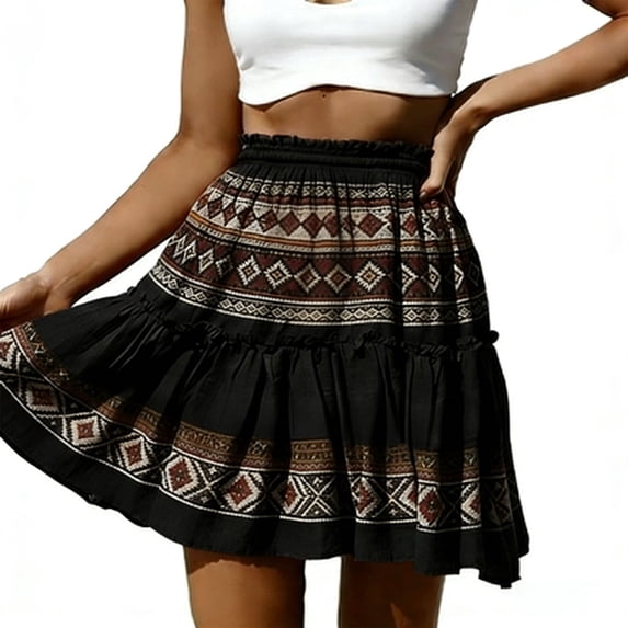 CHUMUD Boho Mini Skirts for Women A-Line Elastic High Waisted Bohemia Vintage Floral Flowy Short Skirts Summer Vacation Casual