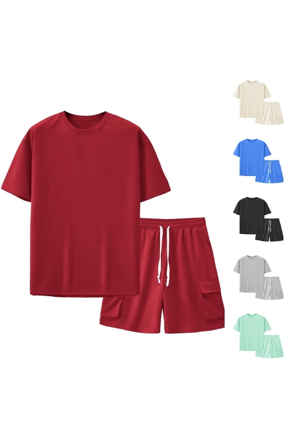 Cargo Shorts Sets for Men Hiking 2 Piece Outfits Summer Matching Set Short Sleeve T-Shirts Drawstring Shorts Set with Pockets Casual Athletic Tracksuits