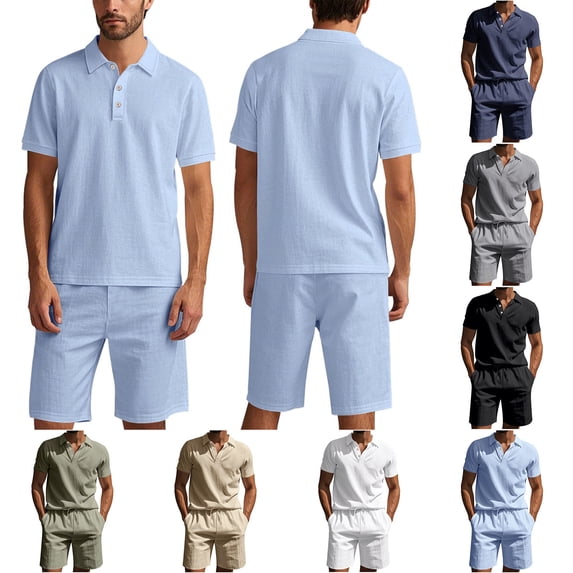 CHUMUD Cotton Linen 2 Piece Sets for Men Half Button Collared Short Sleeve Shirts and Drawstring Shorts Walking Suits Summer Trendy Vacation Casual Outfits
