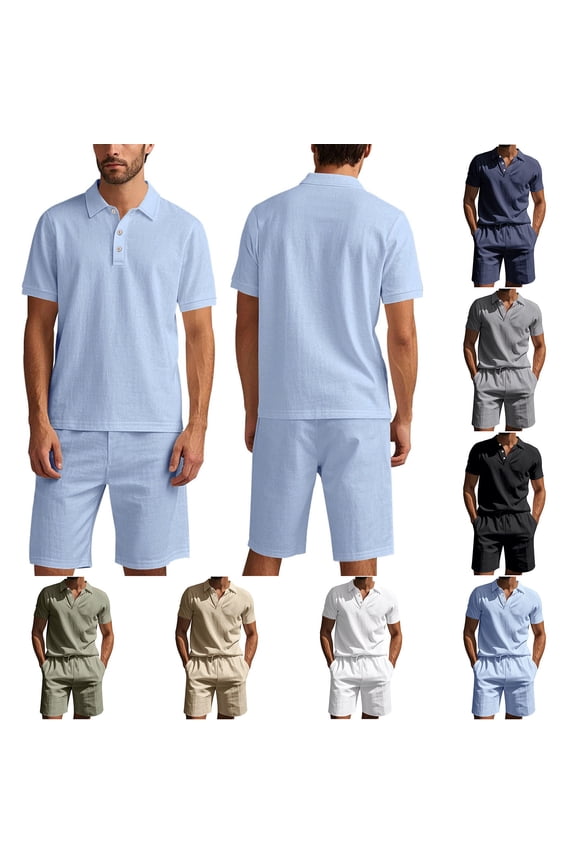 Cotton Linen 2 Piece Sets for Men Half Button Collared Short Sleeve Shirts and Drawstring Shorts Walking Suits Summer Trendy Vacation Casual Outfits
