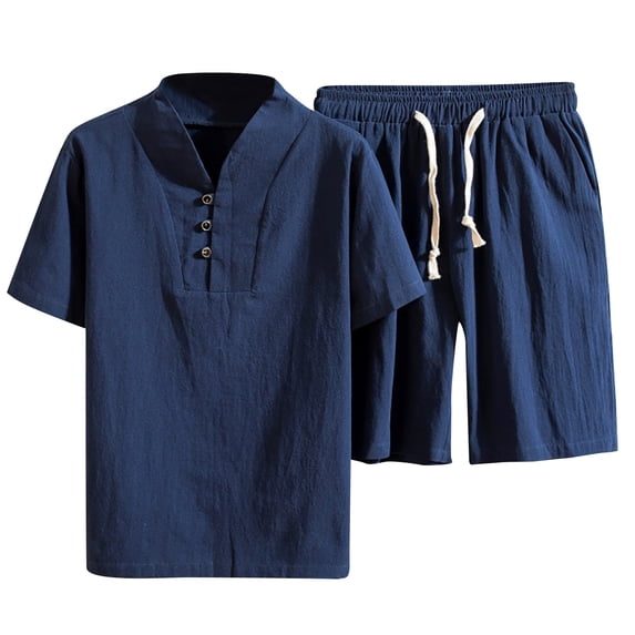 CHUMUD Cotton Linen 2 Piece Sets for Men Summer Outfits V Neck Short Sleeve Shirts and Drawstring Shorts Tracksuits Beach Vacation Casual (Avail for Big and Tall)