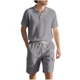 thumbnail image 1 of CHUMUD Cotton Linen 2 Piece Sets for Men Half Button Collared Short Sleeve Shirts and Drawstring Cargo Shorts Summer Trendy Casual Vacation Outfits, 1 of 9