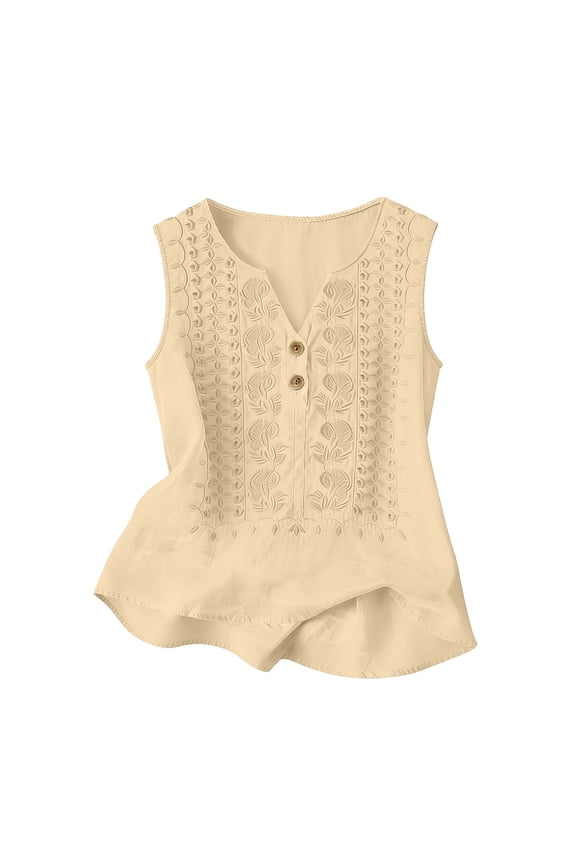 Cotton Linen Tank Tops for Middle-aged & Senior Women Embroidery Trendy Summer Elderly Ladies V-Neck Clothes