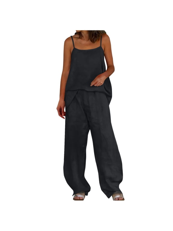 Cotton Linen Two Piece Sets for Women Petite Wide Leg Pants Set Summer Outfits Sleeveless Spaghetti Strap Cami Tank Top Trousers Matching Sets Casual Going Out Vacation