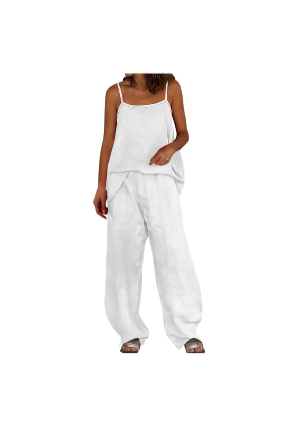 Cotton Linen Two Piece Sets for Women Petite Wide Leg Pants Set Summer Outfits Sleeveless Spaghetti Strap Cami Tank Top Trousers Matching Sets Casual Going Out Vacation