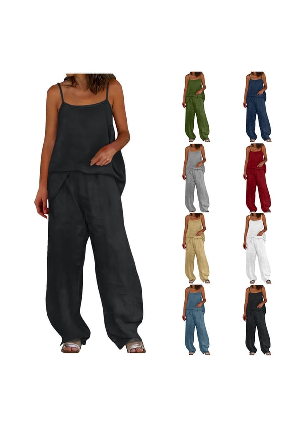 Cotton Linen Two Piece Sets for Women Petite Wide Leg Pants Set Summer Outfits Sleeveless Spaghetti Strap Cami Tank Top Trousers Matching Sets Casual Going Out Vacation