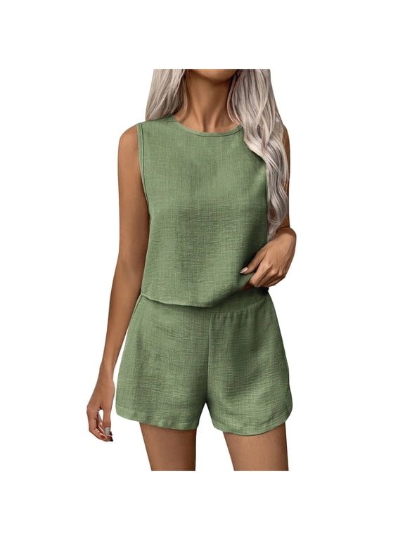 Cotton Linen Two Piece Sets for Women Petite Summer Outfits Sleeveless Tank Top Shorts Casual Set Lounge Loose Beach Vacation