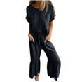 thumbnail image 1 of CHUMUD Cotton Linen Two Piece Sets for Women Summer Outfits Short Sleeve Crew Neck T Shirts Wide Leg Flare Pants Casual Beach Vacation, 1 of 7