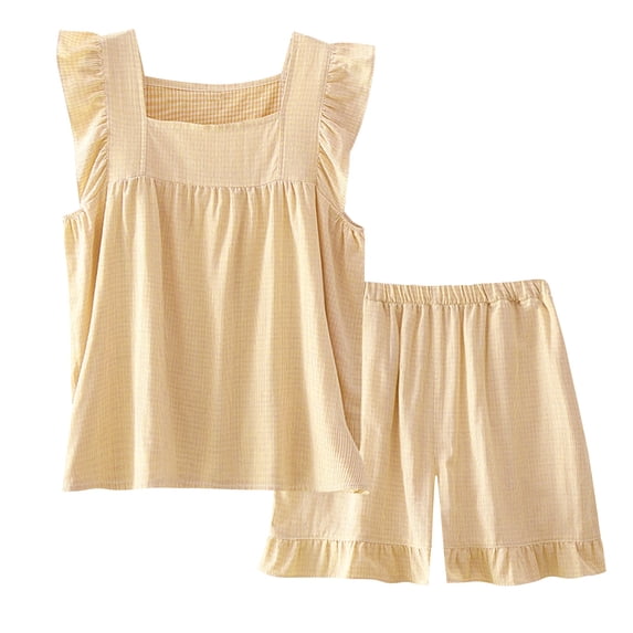 CHUMUD Cotton Pajama Sets for Women Sleeveless 2 Piece Lounge Pjs Matching Summer Sleepwear Ruffle Tank Top Shorts Pj Set
