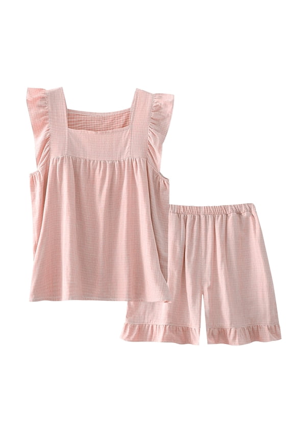 Cotton Pajama Sets for Women Sleeveless 2 Piece Lounge Pjs Matching Summer Sleepwear Ruffle Tank Top Shorts Pj Set