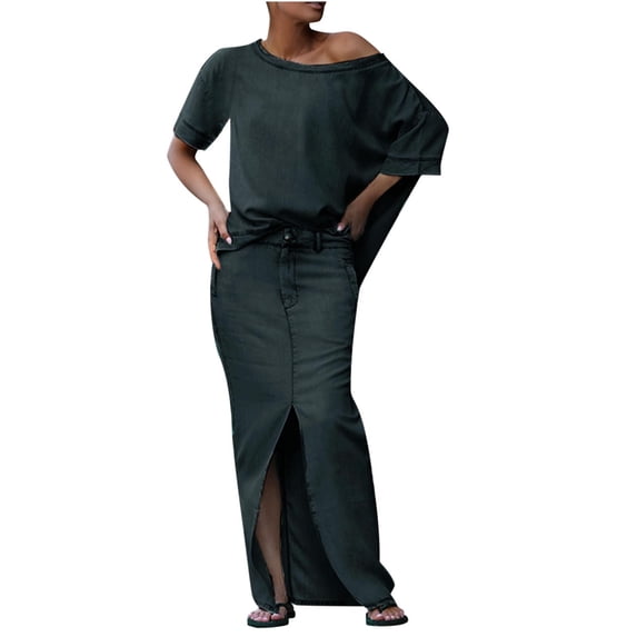 CHUMUD Denim Skirt Sets for Women 2 Piece Outfits Summer Matching Set Short Sleeve Off Shoulder Tops Slit Jean Maxi Skirt Set