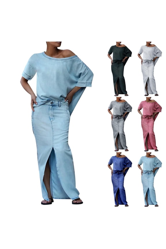 Denim Skirt Sets for Women 2 Piece Outfits Summer Matching Set Short Sleeve Off Shoulder Tops Slit Jean Maxi Skirt Set