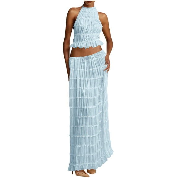 CHUMUD Dressy Skirt Sets for Women 2 Piece Outfits Summer Matching Set Sleeveless Halter Crop Tank Top Drawstring Maxi Skirts Casual Ruffle Evening Party Set
