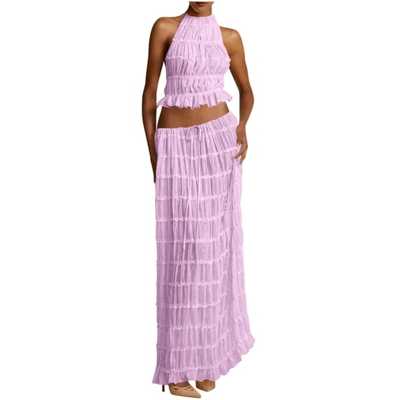 CHUMUD Dressy Skirt Sets for Women 2 Piece Outfits Summer Matching Set Sleeveless Halter Crop Tank Top Drawstring Maxi Skirts Casual Ruffle Evening Party Set