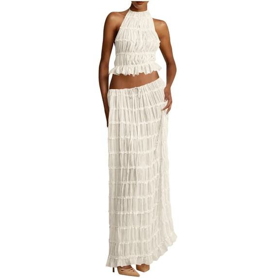 CHUMUD Dressy Skirt Sets for Women 2 Piece Outfits Summer Matching Set Sleeveless Halter Crop Tank Top Drawstring Maxi Skirts Casual Ruffle Evening Party Set