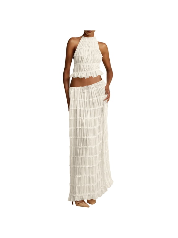 Dressy Skirt Sets for Women 2 Piece Outfits Summer Matching Set Sleeveless Halter Crop Tank Top Drawstring Maxi Skirts Casual Ruffle Evening Party Set