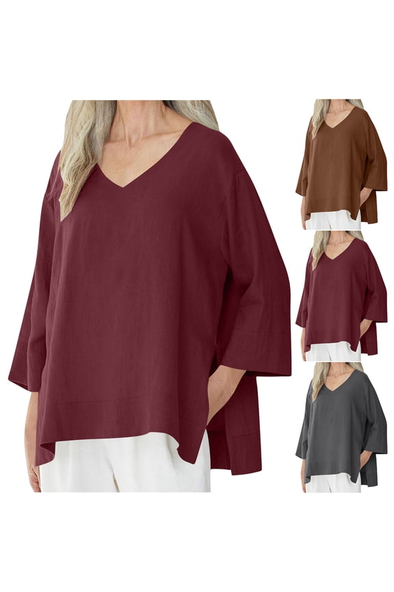 Elder Womens Summer Tops 3/4 Sleeve V Neck Side Slit Tees Loose Fit Casual Trendy Clothes