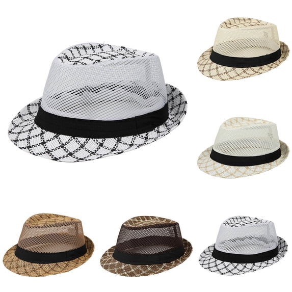 CHUMUD Fashionable Straw Fedora Hat for Men Mesh Trilby Hat Summer Beach Sun Hat Outdoor