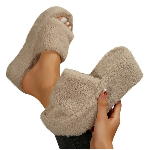 CHUMUD Fuzzy Open Toe Platform Slippers for Women Fluffy Cozy Indoor Outdoor Slip-On House Shoes