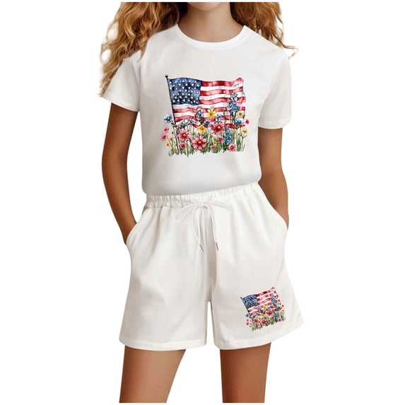 CHUMUD Girls 4th of July USA Shirt American Flag Patriotic Daisy Print Sets 2 Piece Kids T-Shirt & Elastic Waist Shorts 3-14 Years