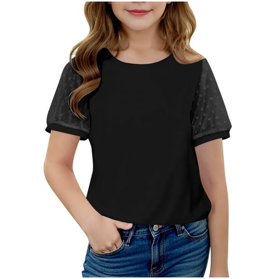 CHUMUD Girls Summer T Shirts Lace Short Sleeve Crew Neck Shirts Kids Basic Tees Teens Cute Trendy Tops