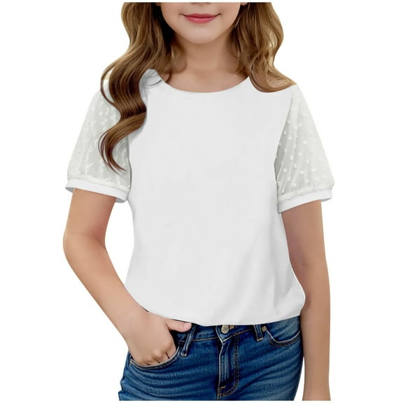 CHUMUD Girls Summer T Shirts Lace Short Sleeve Crew Neck Shirts Kids Basic Tees Teens Cute Trendy Tops