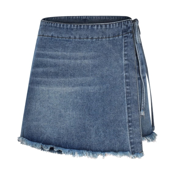 CHUMUD Jeans Skorts for Women Trendy Mid Rise Denim Skirts with Shorts Asymmetrical Hem Zipper Tie A-Line Brushed Hem Skort