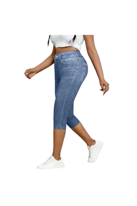 Jeggings for Petite Women Pull On Capri Jeans Stretchy High Waisted Slim Denim Capri Leggings Casual Pants with Pockets