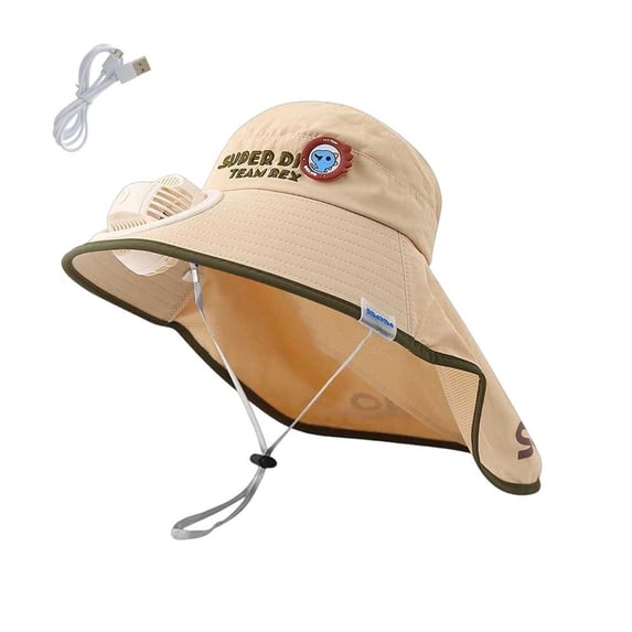 CHUMUD Kids Solar & USB Powered Fan Sun Hat, Cartoon Dinosaur Wide Brim UPF 50+ Cooling Neck Flap Hat with Charging Cable, Breathable Mesh Outdoor Hat for Boys Girls 3-10 Y