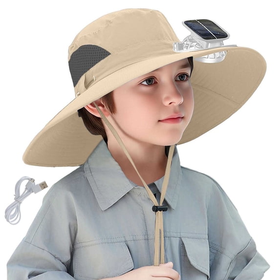 CHUMUD Kids Solar & USB Powered Fan Sun Hat, Wide Brim UPF 50+ Cooling Bucket Hat with Charging Cable, Breathable Mesh Outdoor Hat for Boys Girls 1-12 Years Old