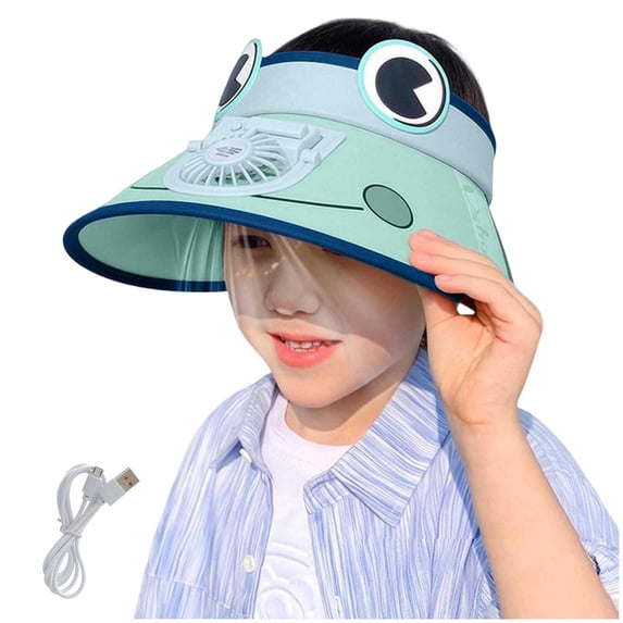 CHUMUD Kids USB Powered Fan Sun Hat, Cartoon Frog Wide Brim UPF 50+ Cooling Hat with Charging Cable, Breathable Outdoor Hat for Boys 4-12 Years Old