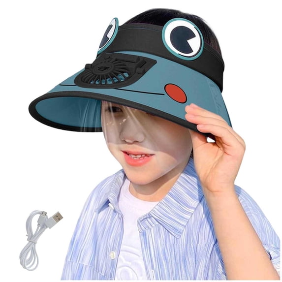 CHUMUD Kids USB Powered Fan Sun Hat, Cartoon Frog Wide Brim UPF 50+ Cooling Hat with Charging Cable, Breathable Outdoor Hat for Boys 4-12 Years Old
