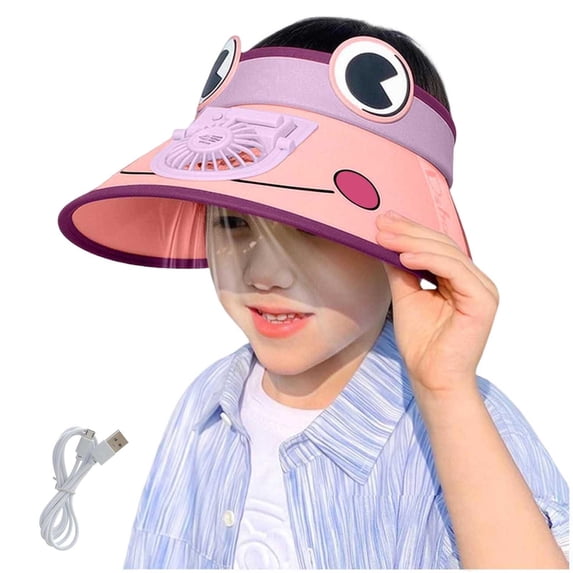 CHUMUD Kids USB Powered Fan Sun Hat, Cartoon Frog Wide Brim UPF 50+ Cooling Hat with Charging Cable, Breathable Outdoor Hat for Boys 4-12 Years Old