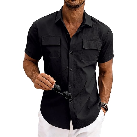 CHUMUD Linen Cargo Shirts for Men Summer Button Down Collared Shirt Short Sleeve Casual Tops