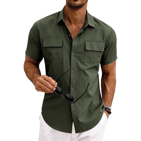 CHUMUD Linen Cargo Shirts for Men Summer Button Down Collared Shirt Short Sleeve Casual Tops